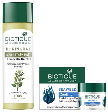 Biotique Bio Bhringraj Fresh Growth Therapeutic Oil, 120ml And Biotique Bio Seaweed Revitalizing Anti Fatigue Eye Gel, 15g